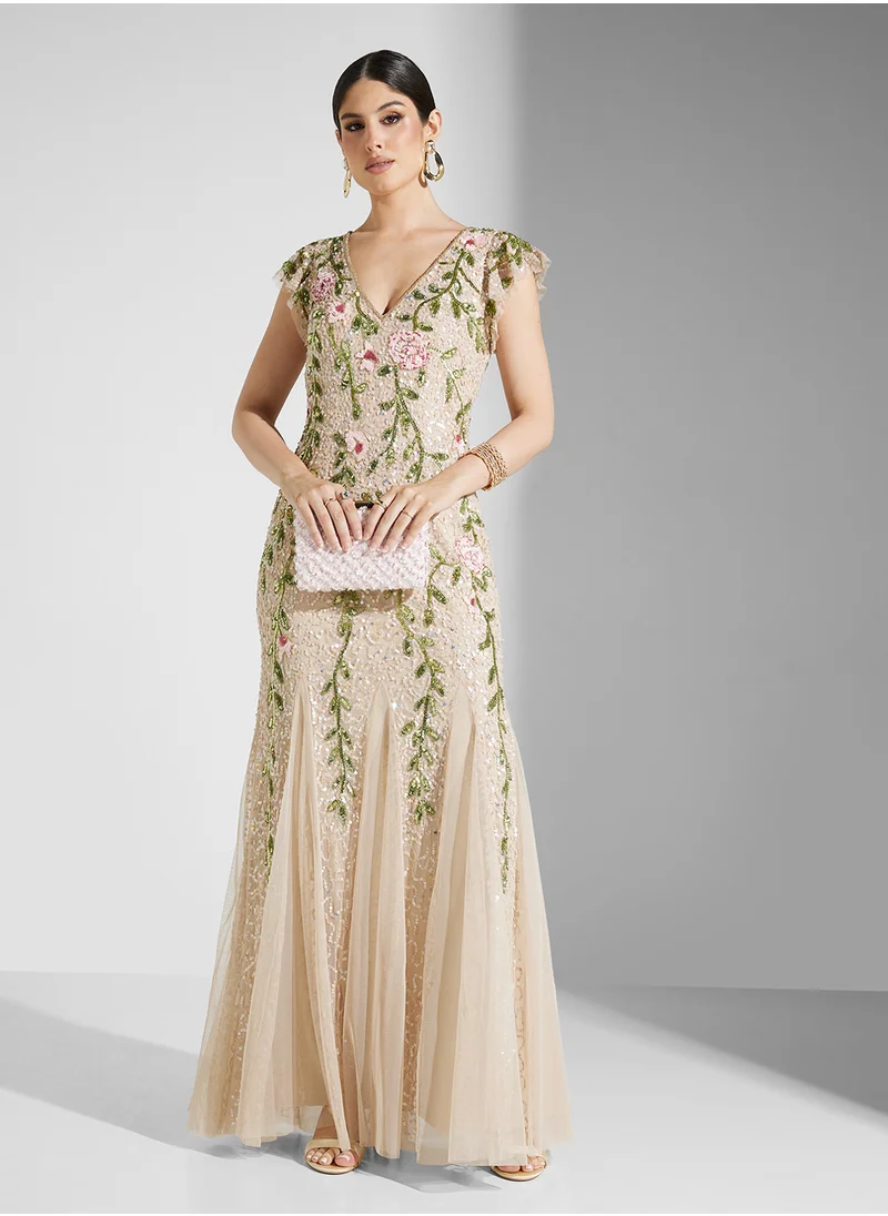 Adrianna Papell Embellished Floral V-Neck Dress