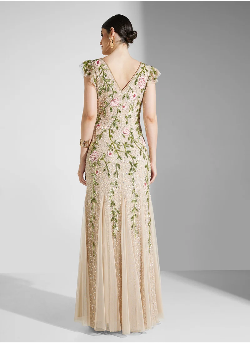 Adrianna Papell Embellished Floral V-Neck Dress