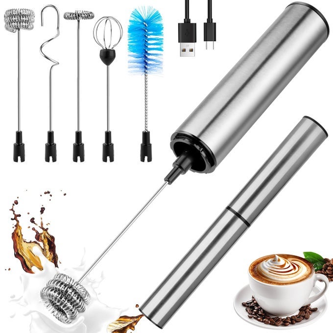 MILK FROTHER WAND FOR COFFEE COFFEE FOAMER DRINK MIXERHANDHELD FROTHER RECHARGEABLE ELECTRIC WHISK WITH 5 HEADS 2 SPEEDS FOR LATTE CAPPUCCINO HOT CHOCOLATE EGGHOME AND TRAVEL SET SILVERY
