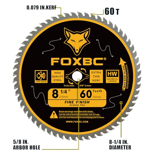 FOXBC 8-1/4 Inch Table Saw Blade 60 Tooth Fine Finish Wood Cutting with 5/8" Arbor, Diamond Knockout - Image 2