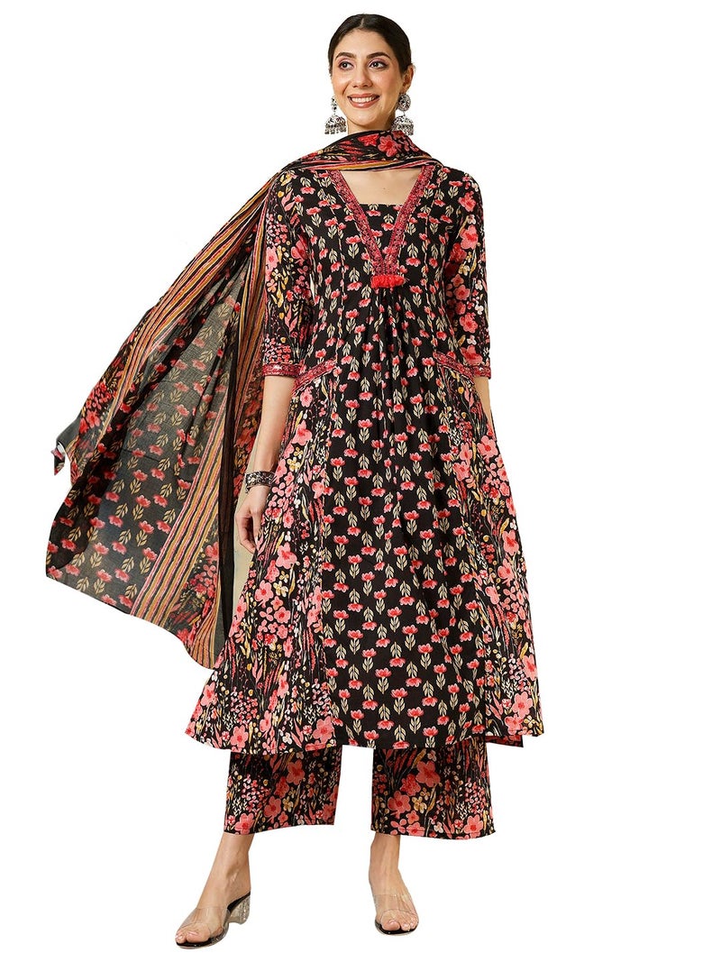 Kimayra Women's Cotton Calf Length Embroidered Printed A-Line V-Neck Kurta Suit Set (KIM8005PC3BLACK_S, Black) - Image 2