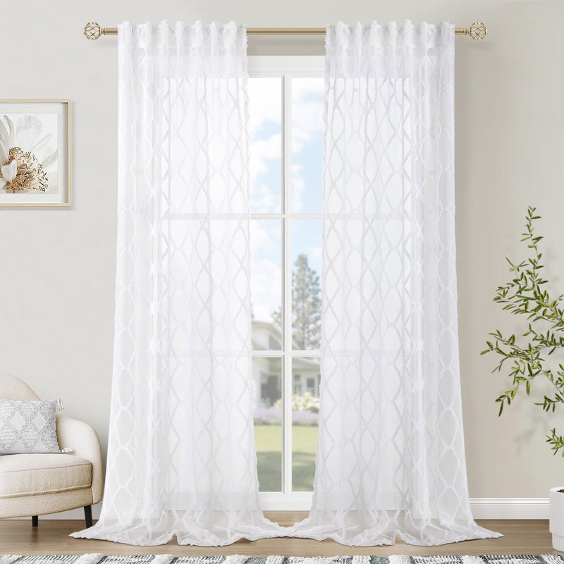 Hokibero White Curtains 90 Inches Long for Living Room 2 Panels Set Back Tab Geometric Embroidered Gauze Curtain Pom Textured Modern Boho Farmhouse Off White Window Curtains for Nursery Girls Bedroom