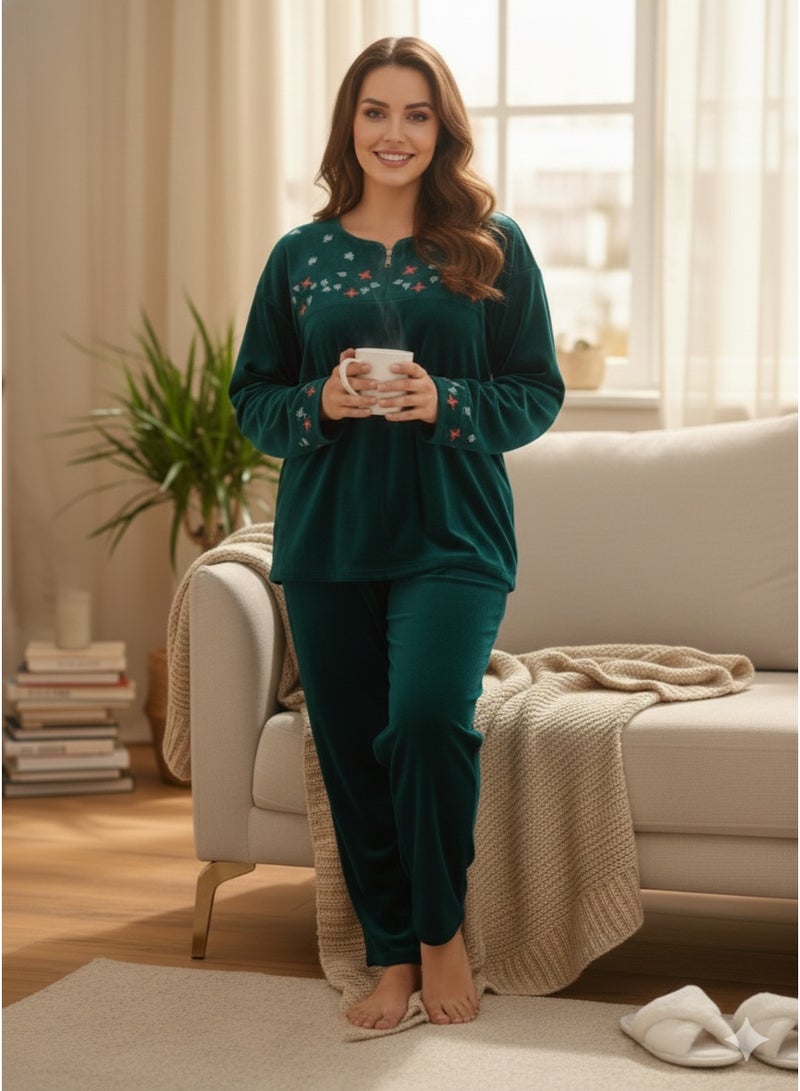 زيكوتكس  طقم بيجامة نسائية قطيفة ناعمة قطعتين - توب بأكمام طويلة ومطرز وبنطلون مريح