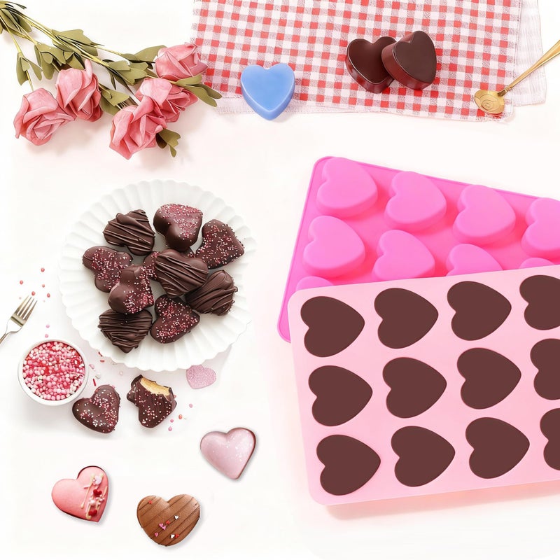 Fimary Heart-Shaped Silicone Chocolate Molds - Set of 2 Non-Stick Candy Heart Molds for Baking, Candy, Gummy, Cake, Jelly, Pudding, Handmade Soap Mould, Food Grade - Pink&Rose - Image 2