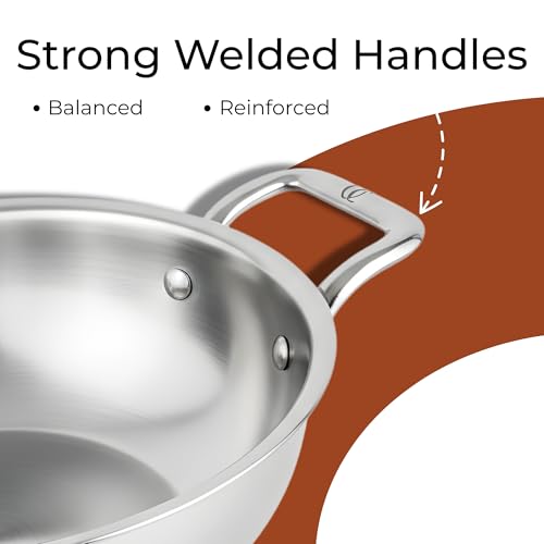Omichef Triply Stainless Steel Kadai/Kadhai with Lid, 26 cm (4 Litre), Induction Bottom Tri-Ply Cookware, ISI Certified Food Grade Steel, Heavy Duty Cooking Pot, 5 Years Warranty - Image 4