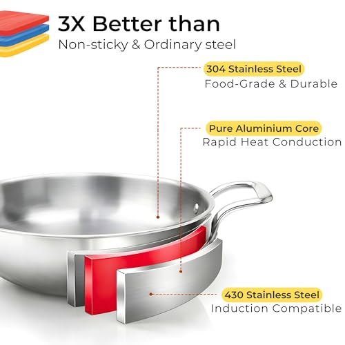 Omichef Triply Stainless Steel Kadai/Kadhai with Lid, 26 cm (4 Litre), Induction Bottom Tri-Ply Cookware, ISI Certified Food Grade Steel, Heavy Duty Cooking Pot, 5 Years Warranty - Image 5
