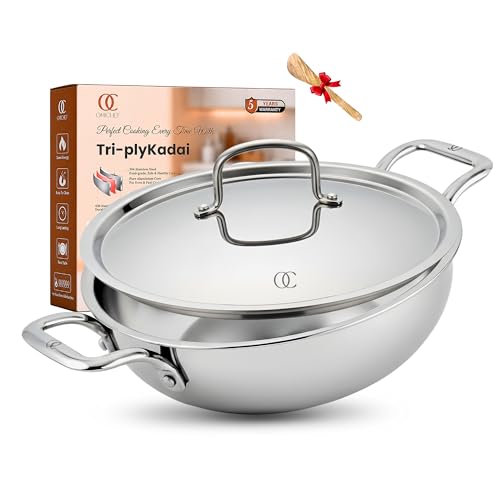 Omichef Triply Stainless Steel Kadai/Kadhai with Lid, 26 cm (4 Litre), Induction Bottom Tri-Ply Cookware, ISI Certified Food Grade Steel, Heavy Duty Cooking Pot, 5 Years Warranty - Image 1