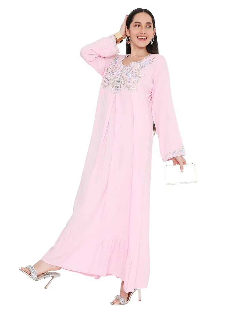 HANA & SARA SOLID PASTEL PINK COLOUR LONG VISCOSE WITH MULTICOLOUR EMBROIDERED MODEST ARABIC KAFTAN JALABIYA DRESSES