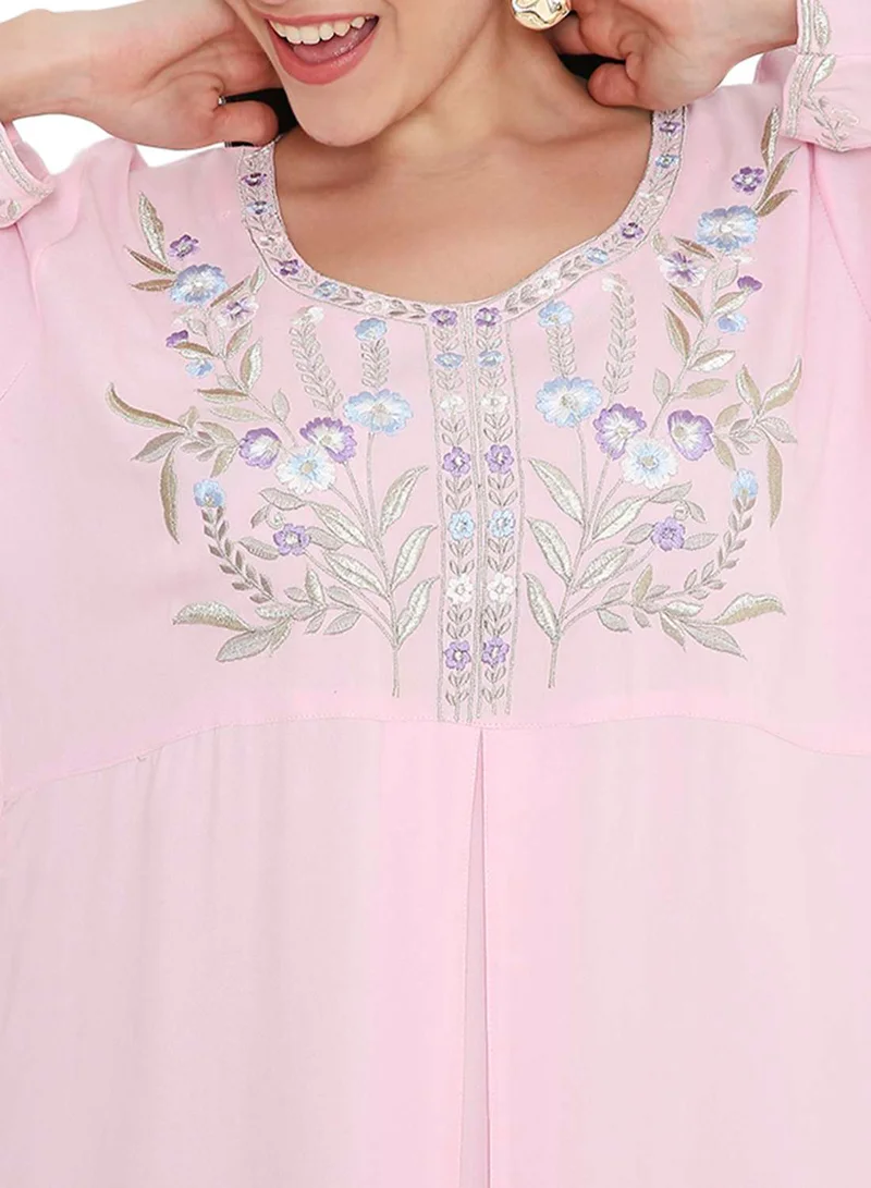 HANA & SARA SOLID PASTEL PINK COLOUR LONG VISCOSE WITH MULTICOLOUR EMBROIDERED MODEST ARABIC KAFTAN JALABIYA DRESSES
