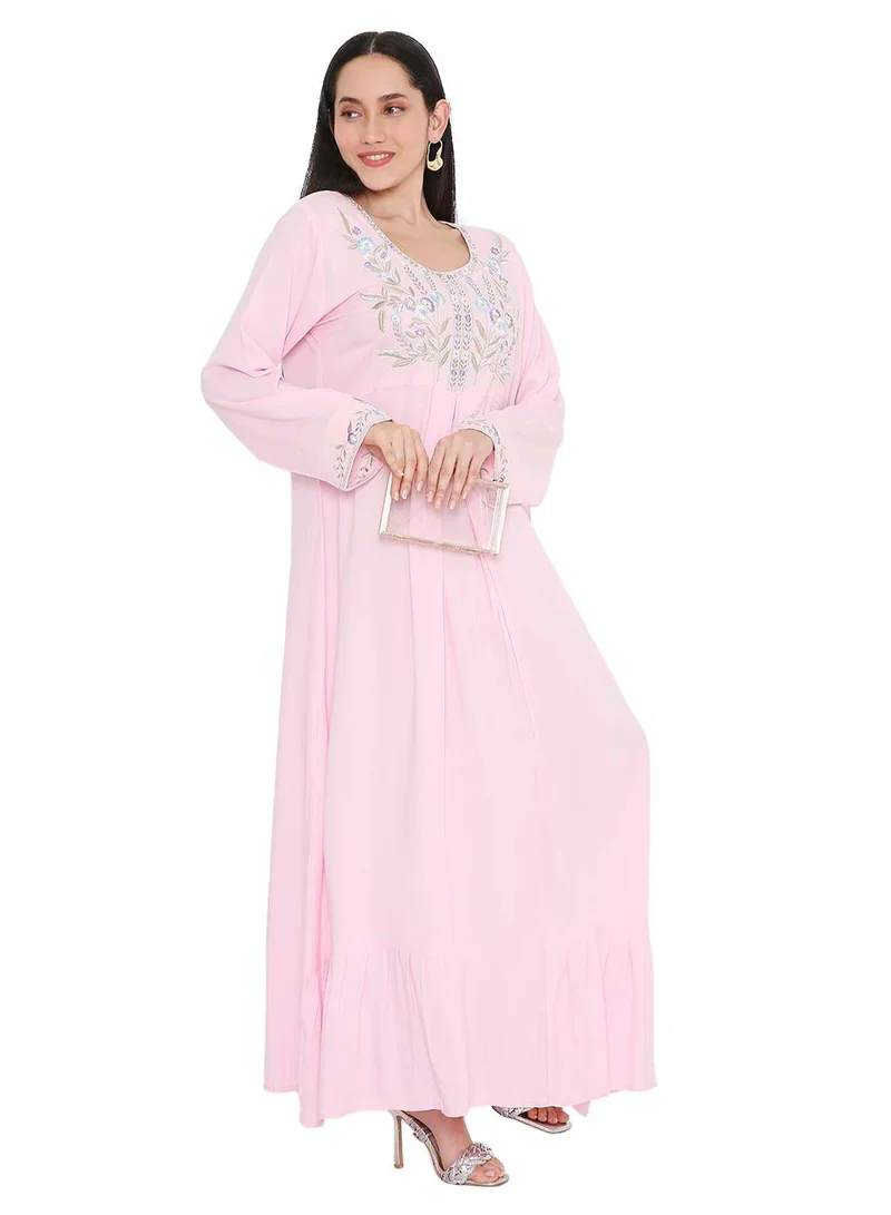 HANA & SARA SOLID PASTEL PINK COLOUR LONG VISCOSE WITH MULTICOLOUR EMBROIDERED MODEST ARABIC KAFTAN JALABIYA DRESSES
