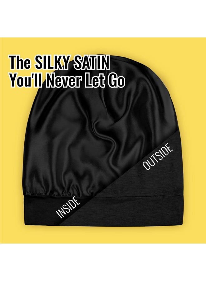 PARISBELLA Satin Lined Sleep Cap Bonnet for Curly Hair and Braids, Stay On All Night Wrap with Adjustable Strap for Women and Men, Black, Pack of 1 - Image 2