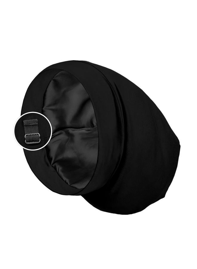 PARISBELLA Satin Lined Sleep Cap Bonnet for Curly Hair and Braids, Stay On All Night Wrap with Adjustable Strap for Women and Men, Black, Pack of 1 - Image 1
