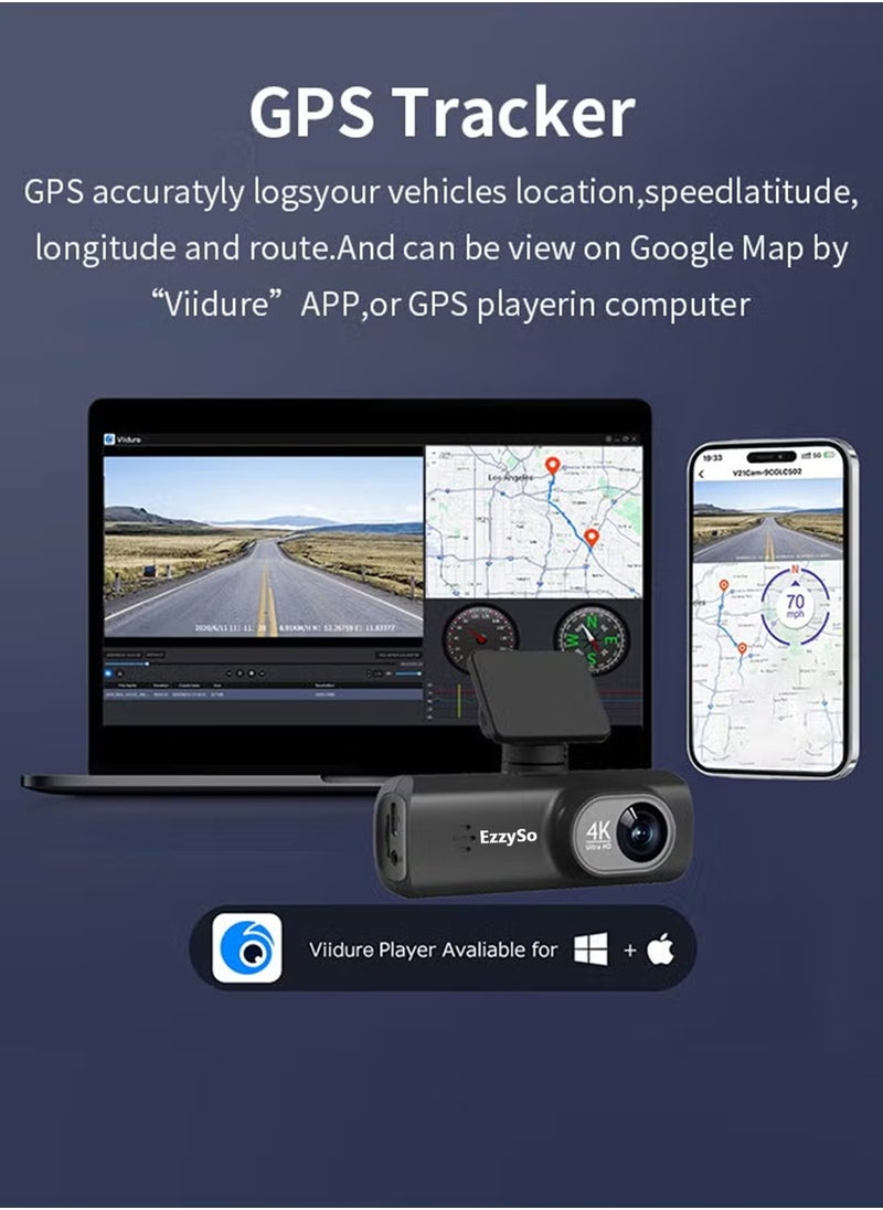 UHD 4K Dash Cam for Cars Front and Rear Dual Lens Front 3840*2160P Rear Lens Built-In WiFi G-Sensor With GPS Car DVR Video Recorder