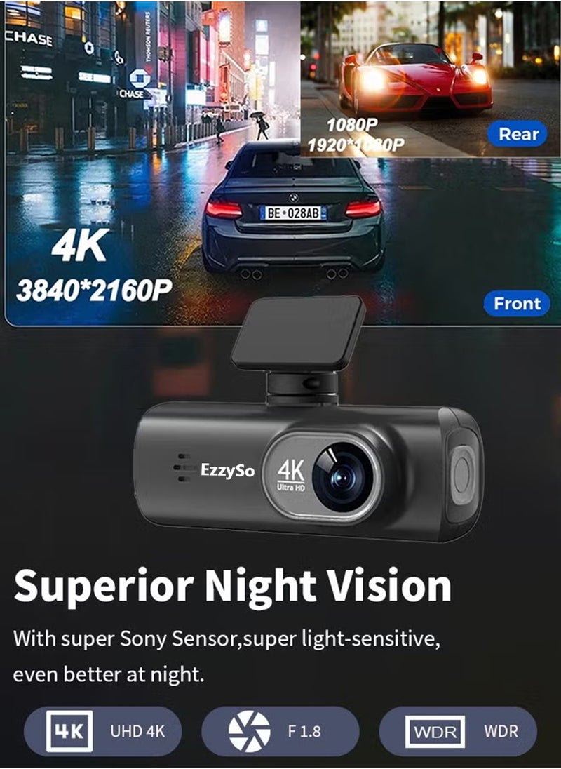 EzzySo UHD 4K Dash Cam for Cars Front and Rear Dual Lens Front 3840*2160P Rear Lens Built-In WiFi G-Sensor With GPS Car DVR Video Recorder  - Image 3