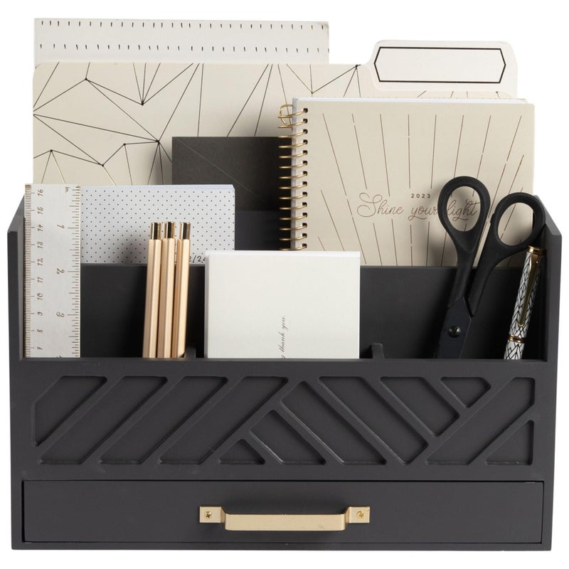 BLU MONACO | Wooden Mail Organizer with Drawer Gold Handle | Mail Sorter Organizer Countertop and Outgoing Mail Holder | Tabletop Organizer with Drawers Grey Desk Storage - Image 1