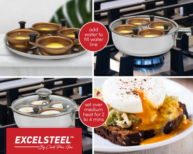 ExcelSteel ExcelSteel Non Stick Easy Use Rust Resistant Home Kitchen Breakfast Brunch Induction Cooktop Egg Poacher, 4 Cup, Gold Tone  - Image 4