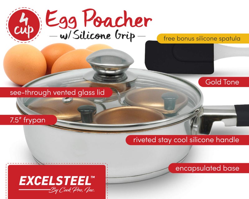 ExcelSteel ExcelSteel Non Stick Easy Use Rust Resistant Home Kitchen Breakfast Brunch Induction Cooktop Egg Poacher, 4 Cup, Gold Tone  - Image 2