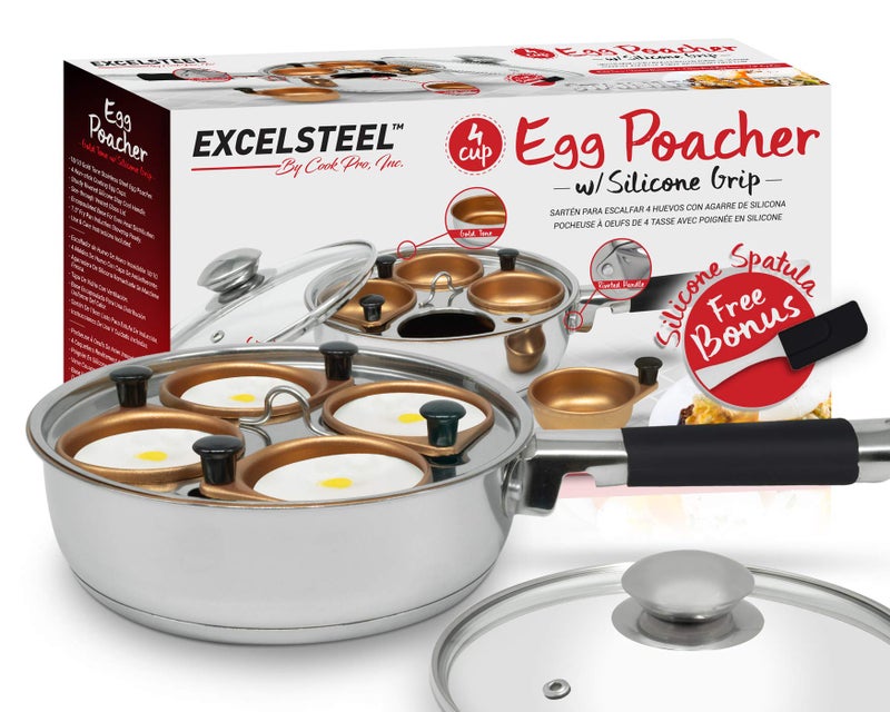 ExcelSteel ExcelSteel Non Stick Easy Use Rust Resistant Home Kitchen Breakfast Brunch Induction Cooktop Egg Poacher, 4 Cup, Gold Tone  - Image 1