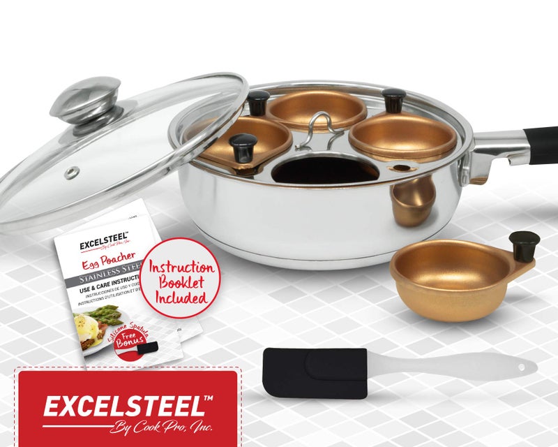 ExcelSteel ExcelSteel Non Stick Easy Use Rust Resistant Home Kitchen Breakfast Brunch Induction Cooktop Egg Poacher, 4 Cup, Gold Tone  - Image 5