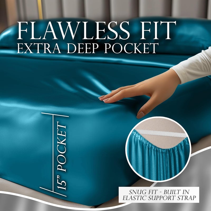 DECOLURE Satin Sheets King Size Set 4 Pcs - Silky & Luxuriously Soft Satin Bed Sheets w/ 15inch Deep Pocket - Similar to Silk Sheets - Double Stitching, Wrinkle Free (Sea Teal) - Image 4