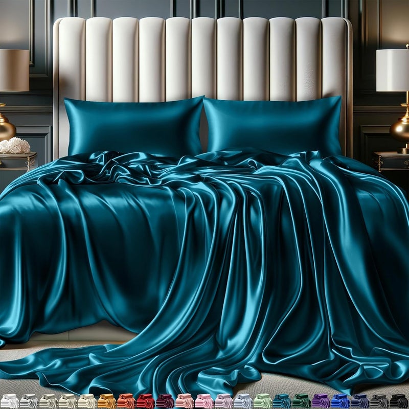 DECOLURE Satin Sheets King Size Set 4 Pcs - Silky & Luxuriously Soft Satin Bed Sheets w/ 15inch Deep Pocket - Similar to Silk Sheets - Double Stitching, Wrinkle Free (Sea Teal) - Image 1