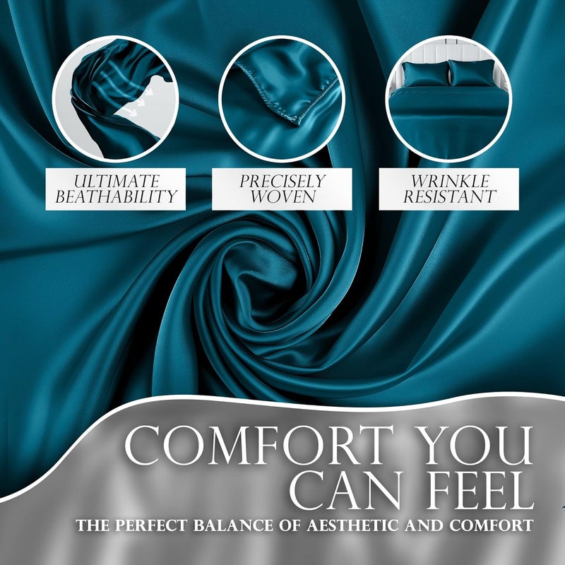 DECOLURE Satin Sheets King Size Set 4 Pcs - Silky & Luxuriously Soft Satin Bed Sheets w/ 15inch Deep Pocket - Similar to Silk Sheets - Double Stitching, Wrinkle Free (Sea Teal) - Image 3