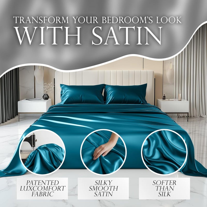 DECOLURE Satin Sheets King Size Set 4 Pcs - Silky & Luxuriously Soft Satin Bed Sheets w/ 15inch Deep Pocket - Similar to Silk Sheets - Double Stitching, Wrinkle Free (Sea Teal) - Image 2