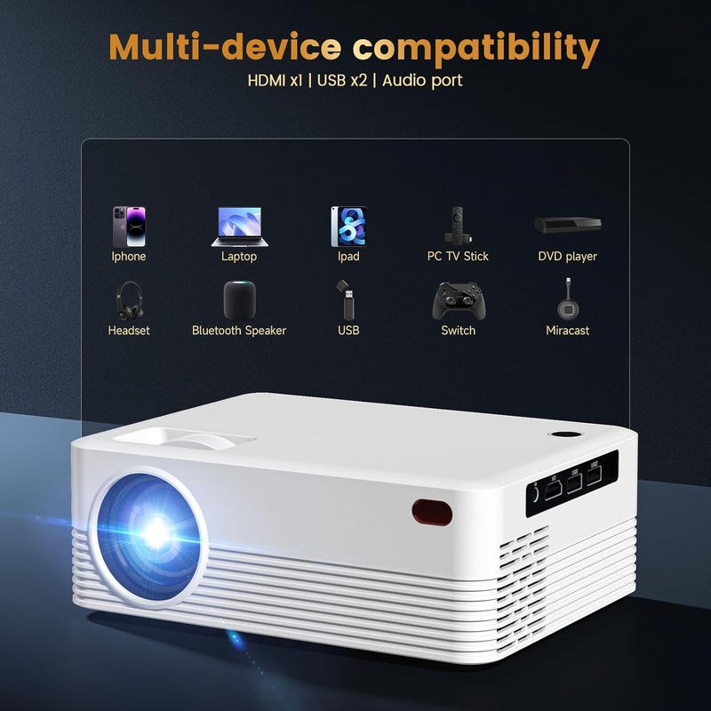 SKUOU Mini Portable Projector with Wifi and Bluetooth, Native 1080P Full HD Smart Projector, 300 ANSI, Compatible with Smartphone, HDMI, USB for Home, Bedroom, Outdoor Use （White） - Image 5