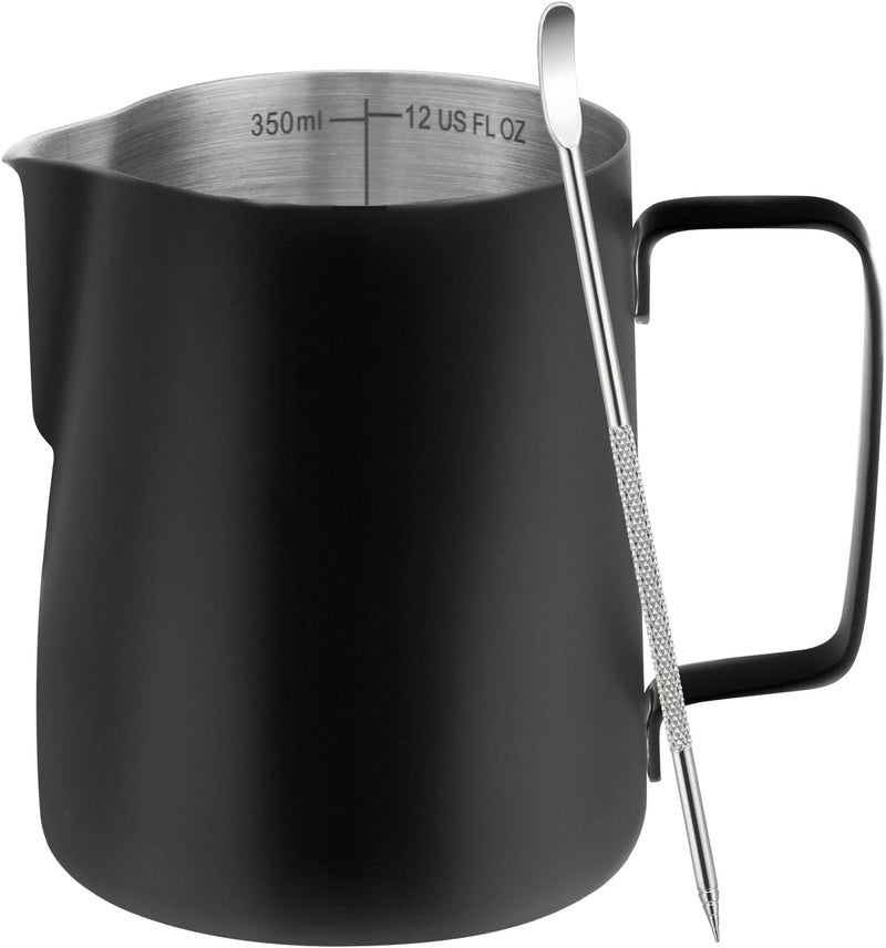 Amrules Milk Frothing Pitcher, 12oz Milk Frother Cup with Clear Scale, 304 Stainless Steel Cappuccino Espresso Machine Accessories for Barista Coffee Bar with Latte Art Pen, Black - Image 1