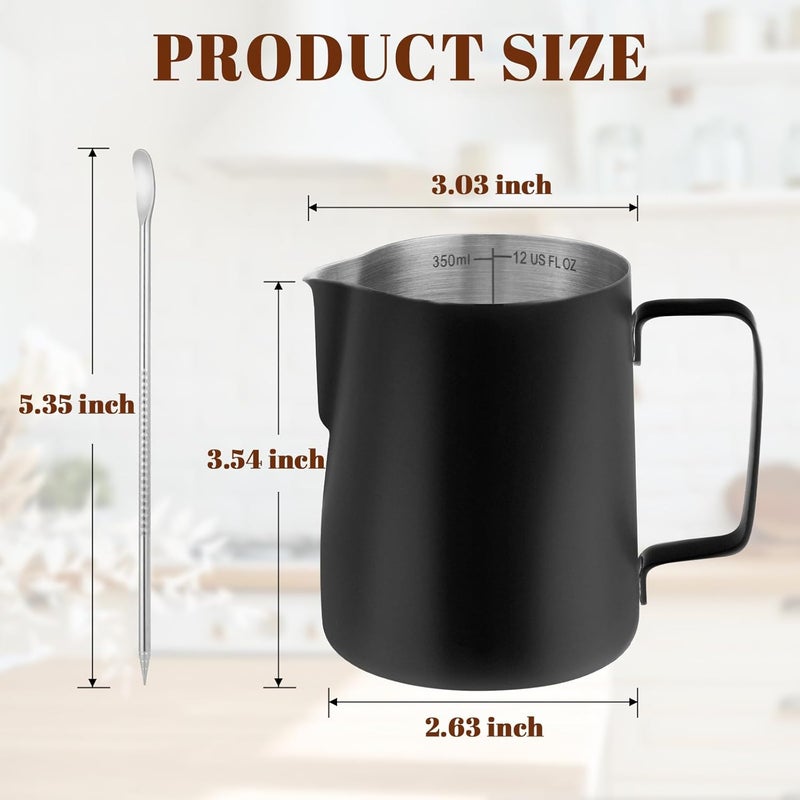 Amrules Milk Frothing Pitcher, 12oz Milk Frother Cup with Clear Scale, 304 Stainless Steel Cappuccino Espresso Machine Accessories for Barista Coffee Bar with Latte Art Pen, Black - Image 2