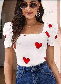 SHEIN Privé Heart Print Puff Sleeve Summer Tee