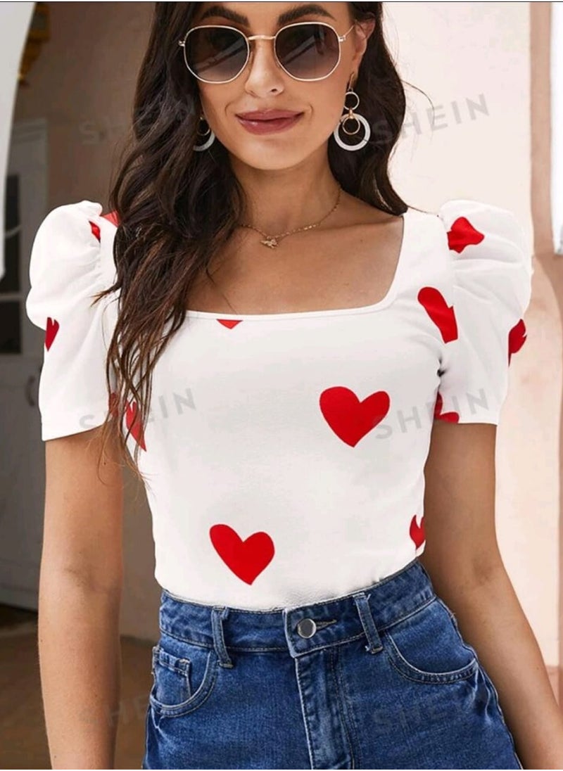 Shein - SHEIN Privé Heart Print Puff Sleeve Summer Tee - Image 1