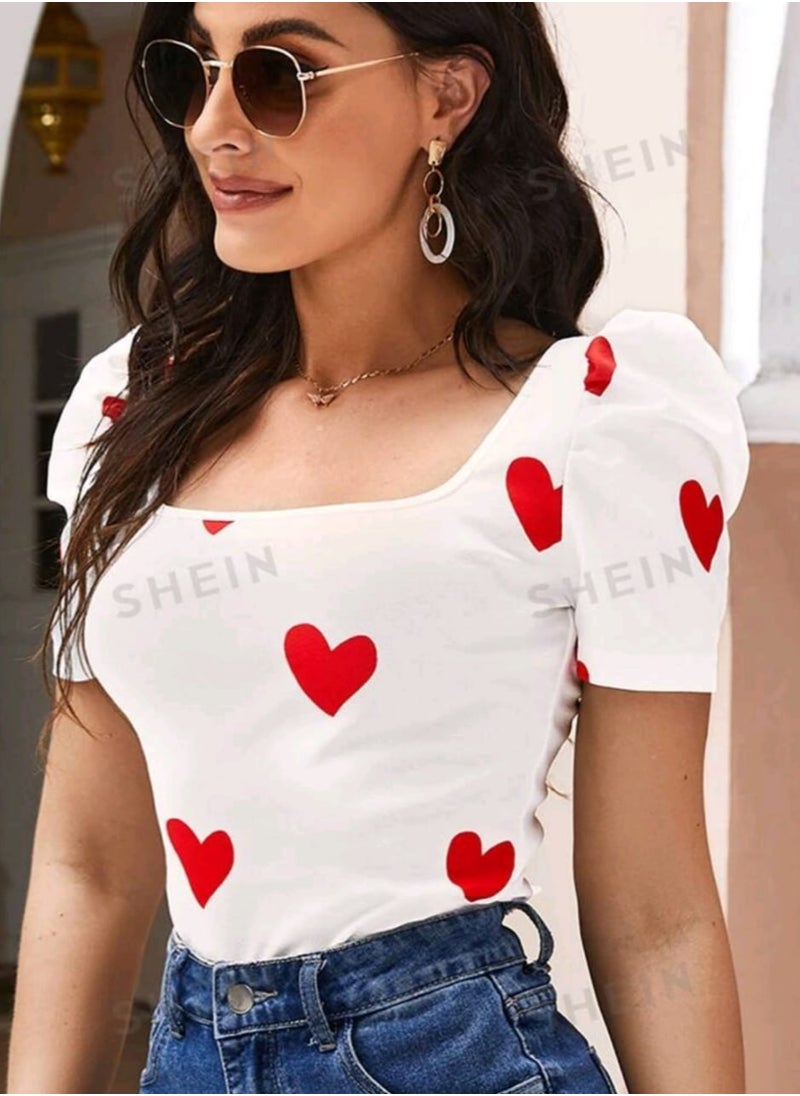 Shein - SHEIN Privé Heart Print Puff Sleeve Summer Tee - Image 1