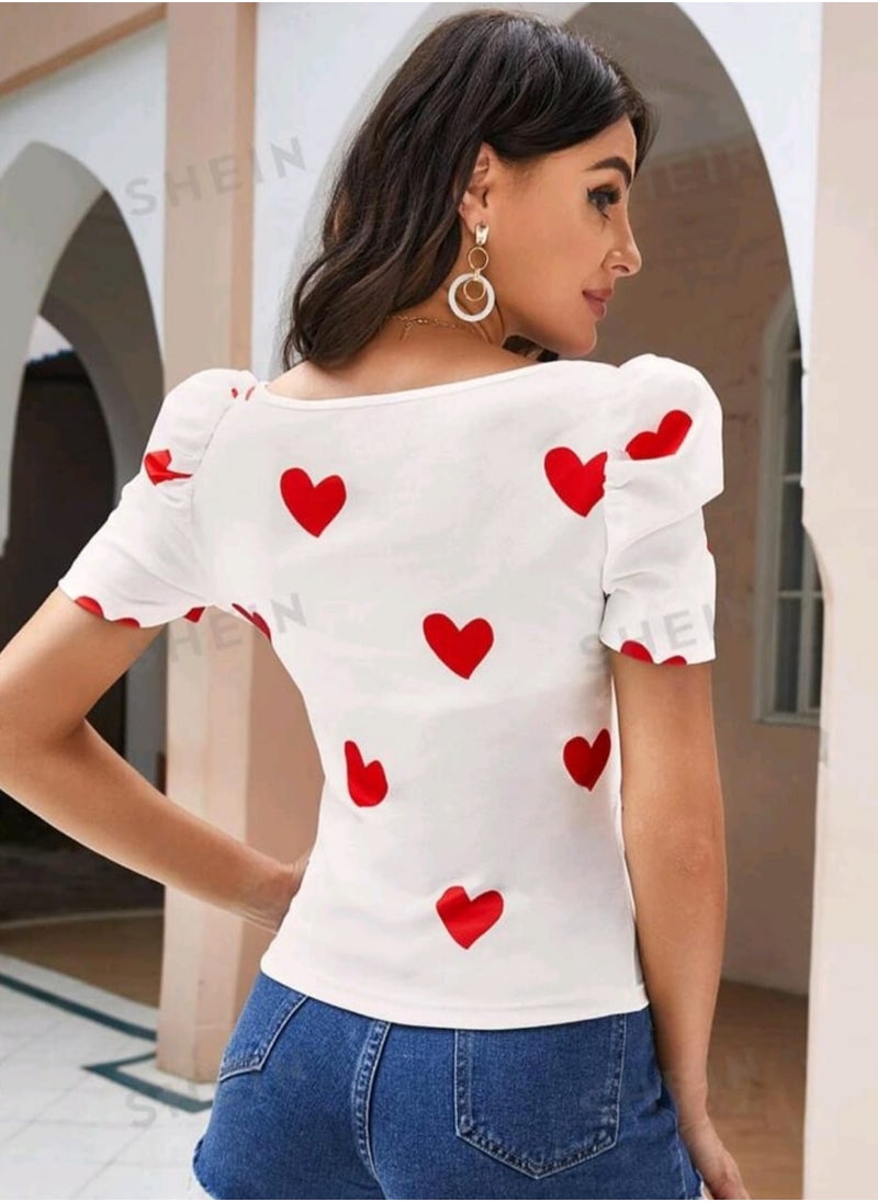 Shein - SHEIN Privé Heart Print Puff Sleeve Summer Tee - Image 1