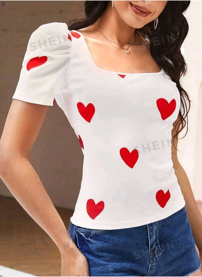Shein - SHEIN Privé Heart Print Puff Sleeve Summer Tee - Image 1