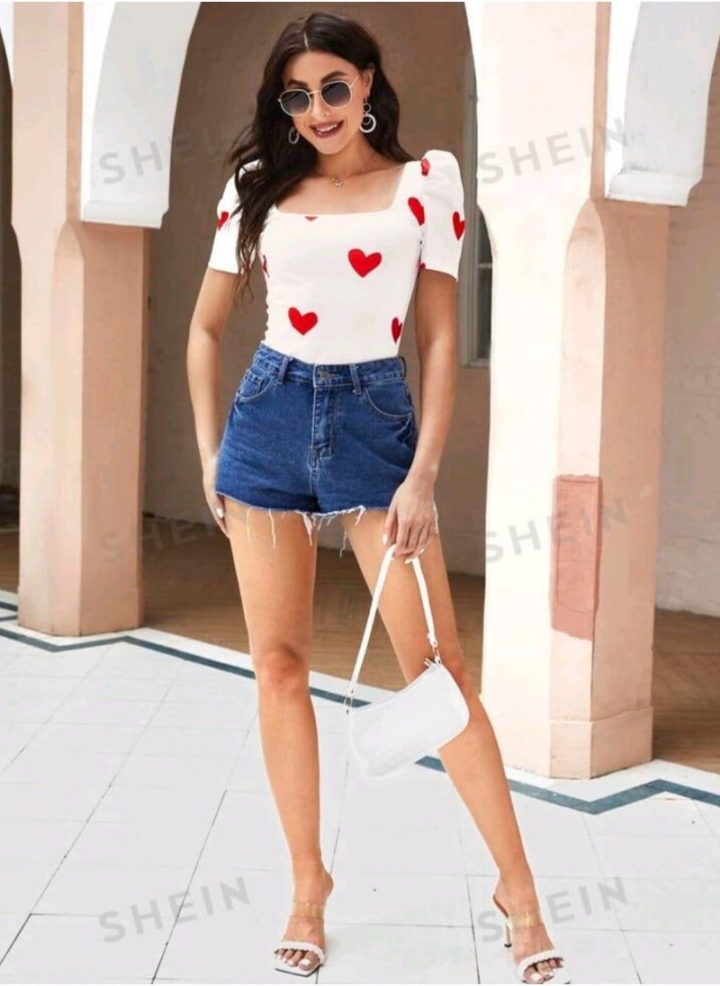 Shein - SHEIN Privé Heart Print Puff Sleeve Summer Tee - Image 1