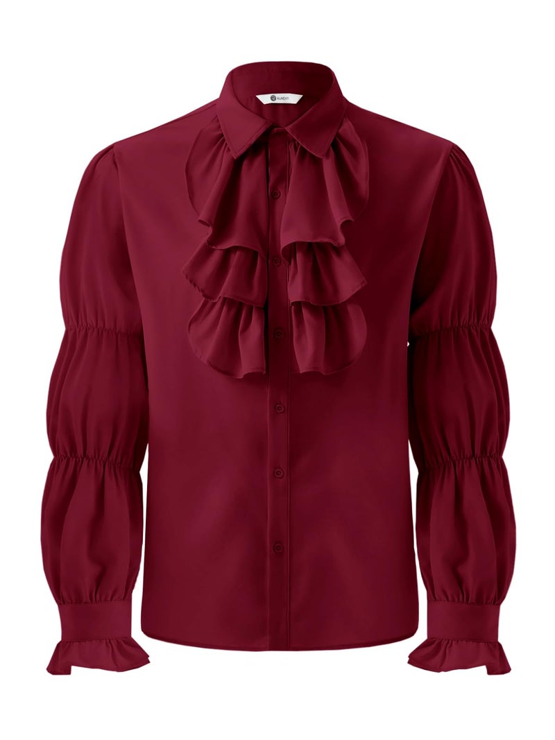 Runcati Mens Pirate Shirt Ruffle Victorian Renaissance Vampire Poet Puffy Shirts Gothic Steampunk Medieval Costume Burgundy - Image 1