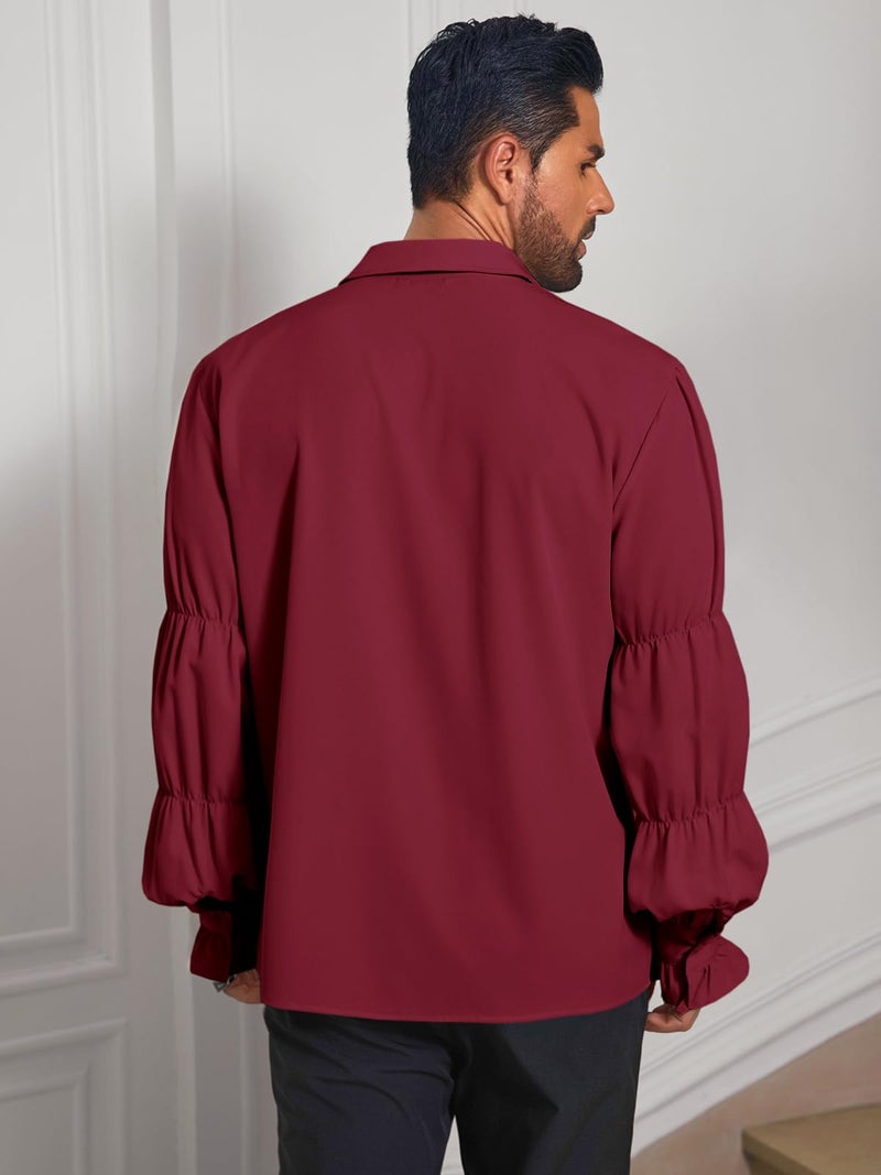 Runcati Mens Pirate Shirt Ruffle Victorian Renaissance Vampire Poet Puffy Shirts Gothic Steampunk Medieval Costume Burgundy - Image 3