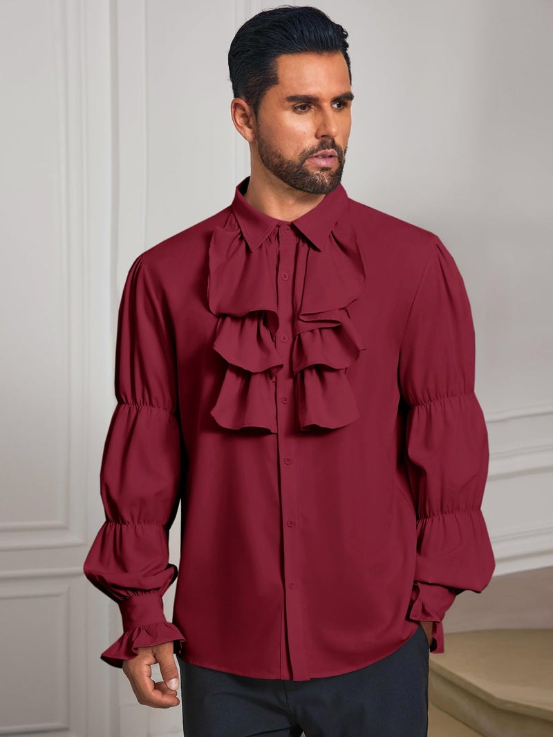 Runcati Mens Pirate Shirt Ruffle Victorian Renaissance Vampire Poet Puffy Shirts Gothic Steampunk Medieval Costume Burgundy - Image 2