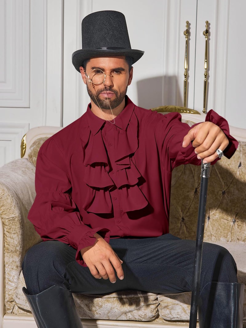 Runcati Mens Pirate Shirt Ruffle Victorian Renaissance Vampire Poet Puffy Shirts Gothic Steampunk Medieval Costume Burgundy - Image 4