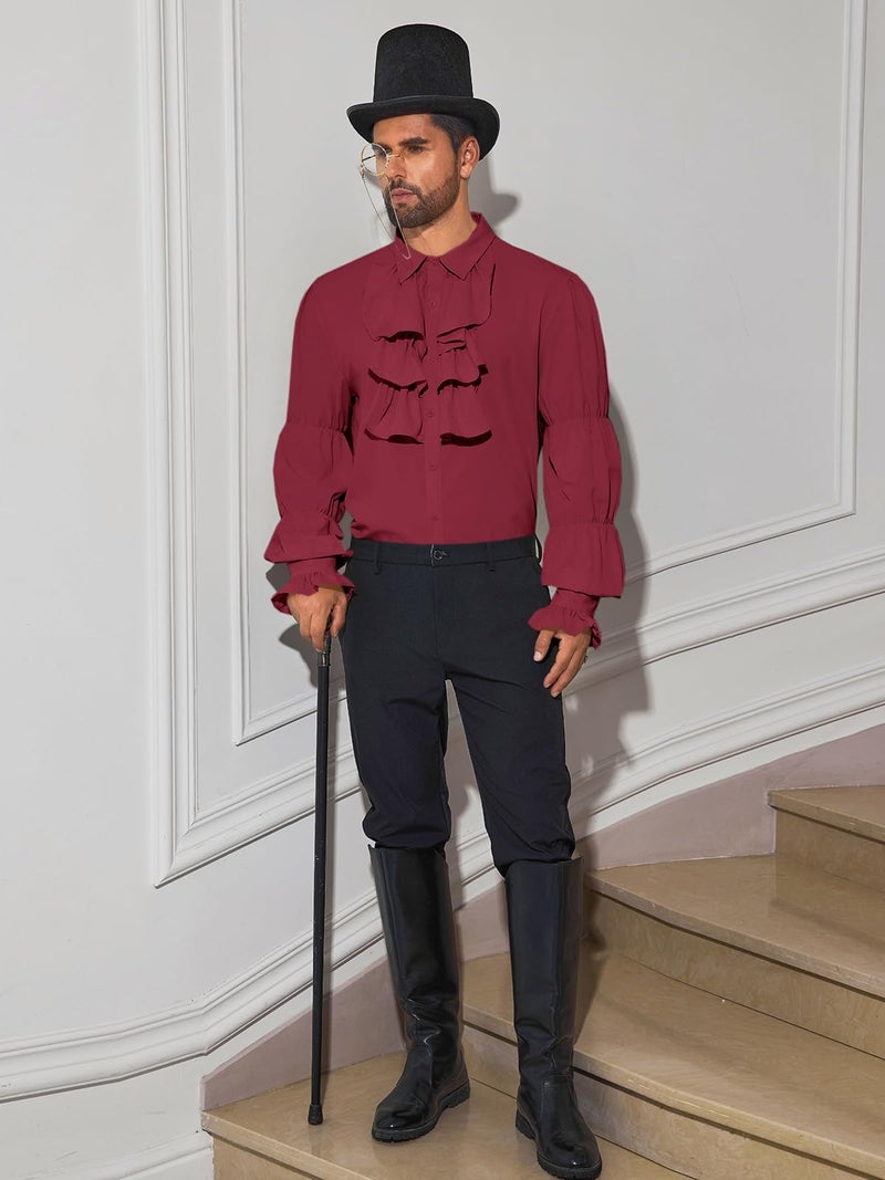 Runcati Mens Pirate Shirt Ruffle Victorian Renaissance Vampire Poet Puffy Shirts Gothic Steampunk Medieval Costume Burgundy - Image 5
