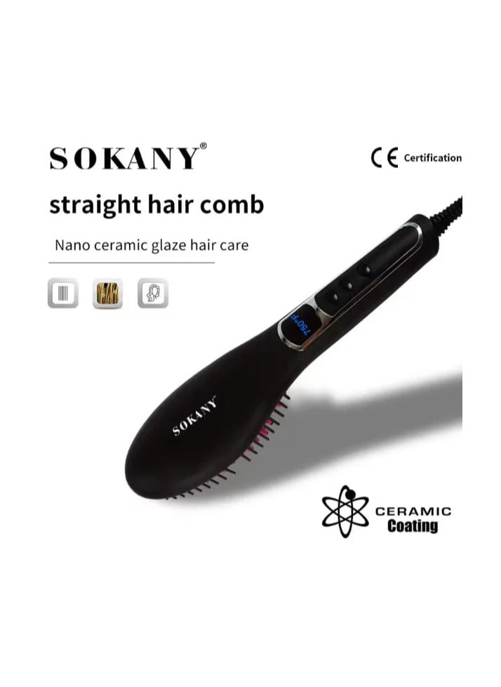 Sokany Ceramic Brush and Hair Straightener with LCD Display, Black 750°C Afro Temperature. Optimum Heat Time: 30 Seconds. One-Year Warranty