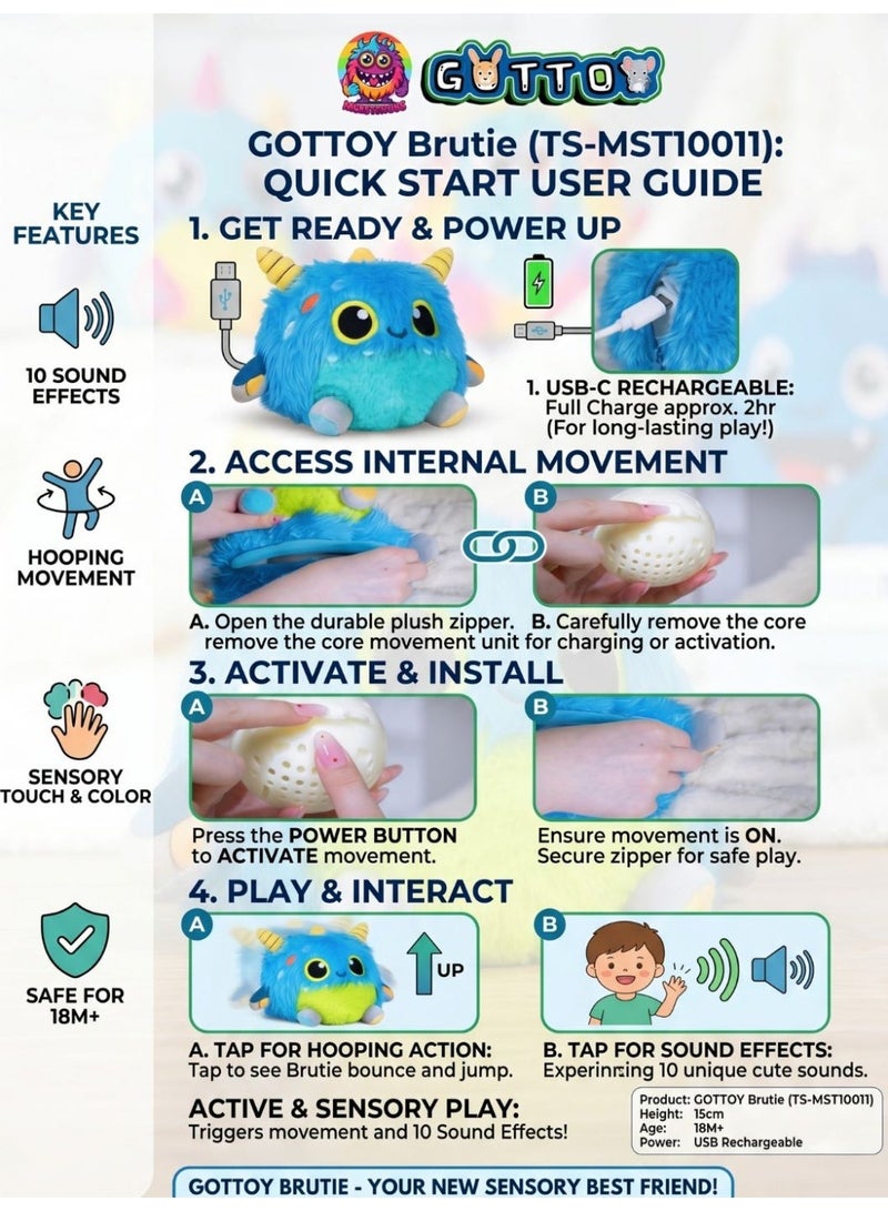Aspire Books Tiimomo Hooping Monsterious Interactive Plush Toy with 10 Sound Effects & Movement, Rechargeable Sensory Toy for Kids 18M+, Blue/Red Monster - Image 4