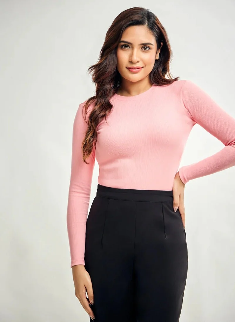 Zigzag Long Sleeve Round Neck Rib Top- Peach Pink