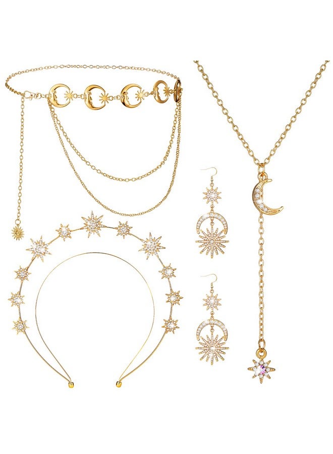 Glenmal 4 Pieces Crown Moon Stars Necklaces And Metal Body Chain Crown Drop Earrings Set Headband Tiaras And Crowns For Women Boho Bridal Wedding (Gold) - Image 1
