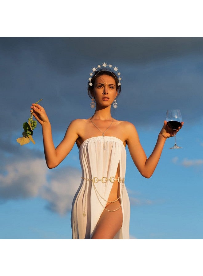 Glenmal 4 Pieces Crown Moon Stars Necklaces And Metal Body Chain Crown Drop Earrings Set Headband Tiaras And Crowns For Women Boho Bridal Wedding (Gold) - Image 2