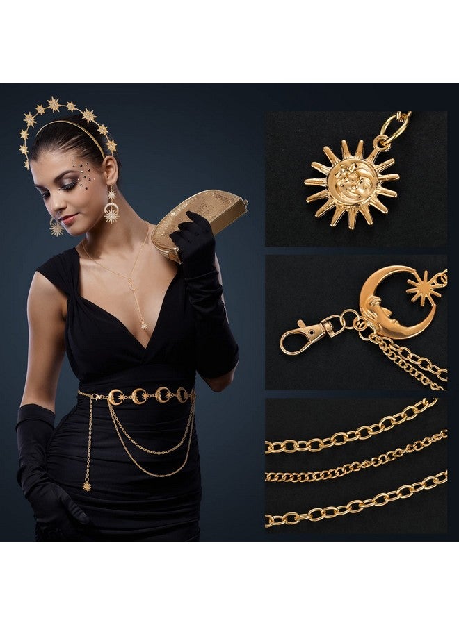 Glenmal 4 Pieces Crown Moon Stars Necklaces And Metal Body Chain Crown Drop Earrings Set Headband Tiaras And Crowns For Women Boho Bridal Wedding (Gold) - Image 3
