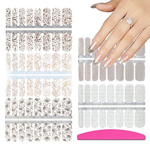 SILPECWEE 5 Sheets Rose Gold Full Nail Wraps Stick on Nail Polish Strips Stickers Tips Glitter Flower Manicure Design Adhesive Gel Nail Strips for Women with 1Pc File - Image 2