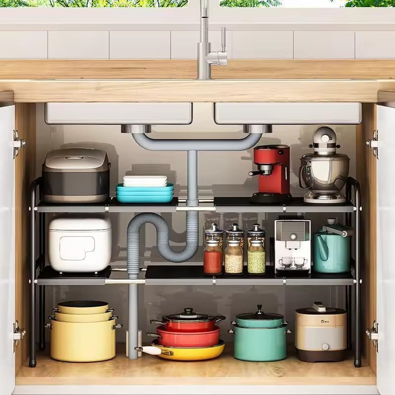 HOOBRO Under Sink Shelf Extendable Storage Stainless Steel and pp Plastic Rack Adjustable Kitchen Organizer (Black-2-Tiers) - Image 1