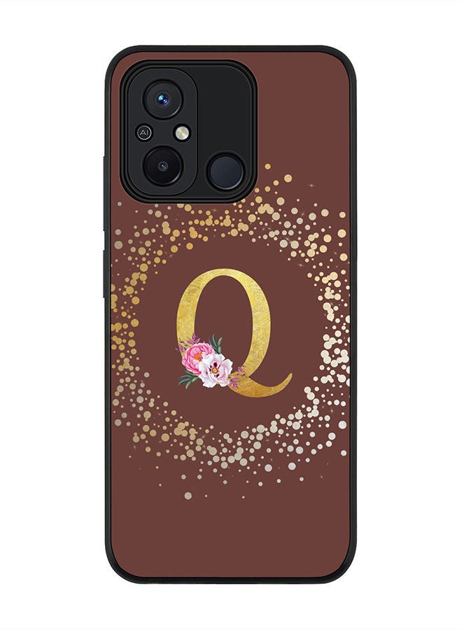 Stylizedd Rugged Black edge case for Xiaomi Redmi 12C 4G, Slim fit Soft Case Flexible Rubber Edges Anti Drop TPU Gel Thin Cover -  Custom Monogram Initial Letter Floral Pattern Alphabet - Q  (Brown ) - Image 1